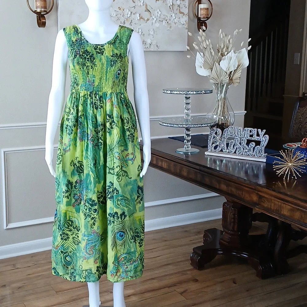 Women's Green Tropical Print Sleeveless Cotton Summer Dress By Hanna Small